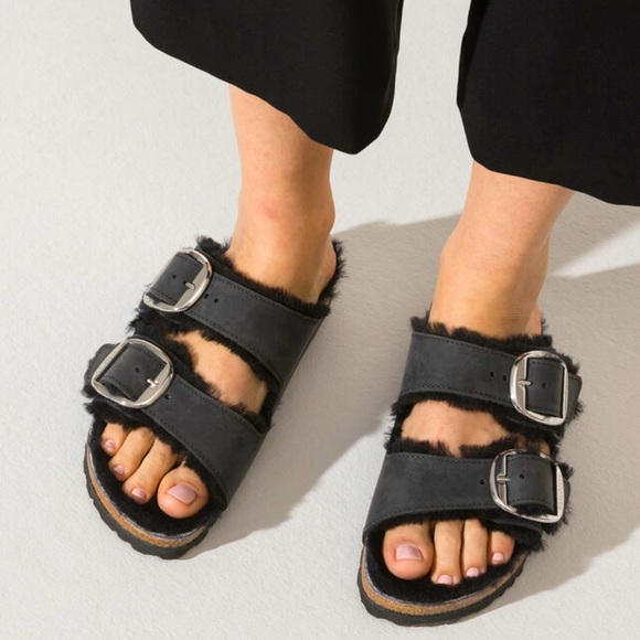 Birkenstock Shoes - New Birkenstock Arizona Big Buckle Shearling Black Oiled Leather Sandals Size 40